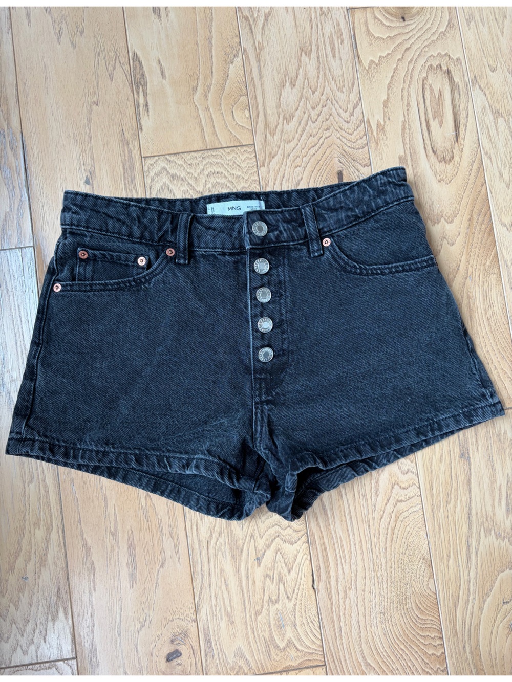 Mango Black Washed Denim Button-Fly Shorts